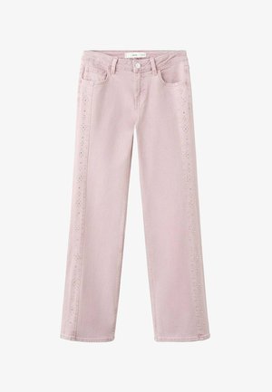Jasnoróżowe jeansy z denimu o prostym kroju, z ozdobnymi ćwiekami wzdłuż bocznych szwów oraz standardowymi przednimi kieszeniami.