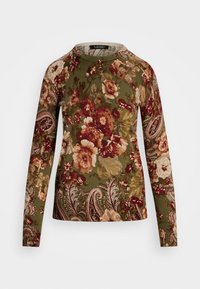 Μακρυμάνικος πουλόβερ σε ελιά, με λουλούδια και σχέδια paisley σε κόκκινο, κρέμ και καφέ. Στρογγυλή λαιμόκοψη και στενή εφαρμογή.