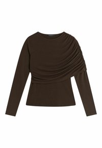 Ruskea pitkähihaine paita, jossa on drapeeratun muotoilun yksityiskohta yhdellä puolella. Paita on valmistettu sileästä kankaasta, ja siinä on muotoiltu siluetti sekä pyöreä pääntie.