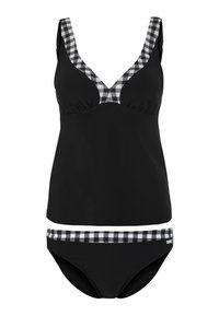 Zwart zwemset bestaande uit een tankini met een V-hals en geruite accenten, gecombineerd met zwarte bikini-onderdelen en een gestreepte tailleband.