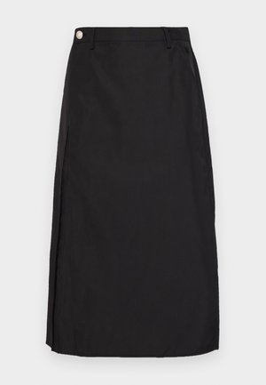 Black knee-length skirt made of smooth fabric, featuring a front slit and a metallic button accent at the waistband.