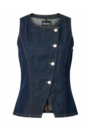 Ujjatlan sötétkék farmer mellény aszimmetrikus elülső gombos záródással és narancssárga kontrasztvarrással.