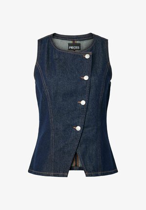 Veste sans manches en denim bleu foncé avec fermeture asymétrique par boutons sur le devant et surpiqûres contrastantes orange.