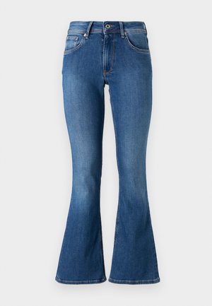 Jeans de denim azul acampanados con una cintura de altura media, que cuentan con cinco bolsillos, un cierre de botón y un ligero desgastado a lo largo de las piernas.