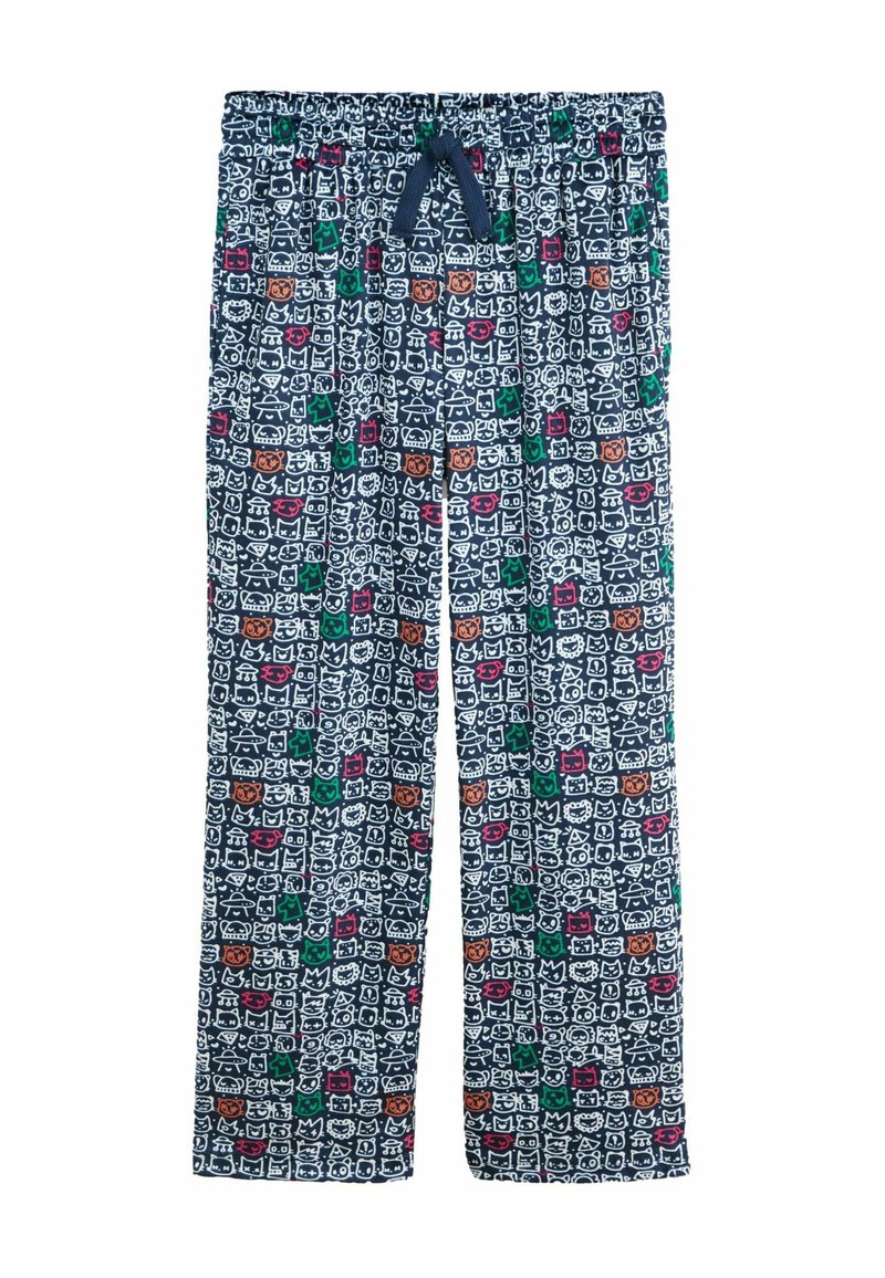 Bawełniane spodnie do piżamy z elastycznym pasem, z granatowym tłem i kolorowymi wzorami z kreskówkowymi zwierzętami na całej powierzchni.