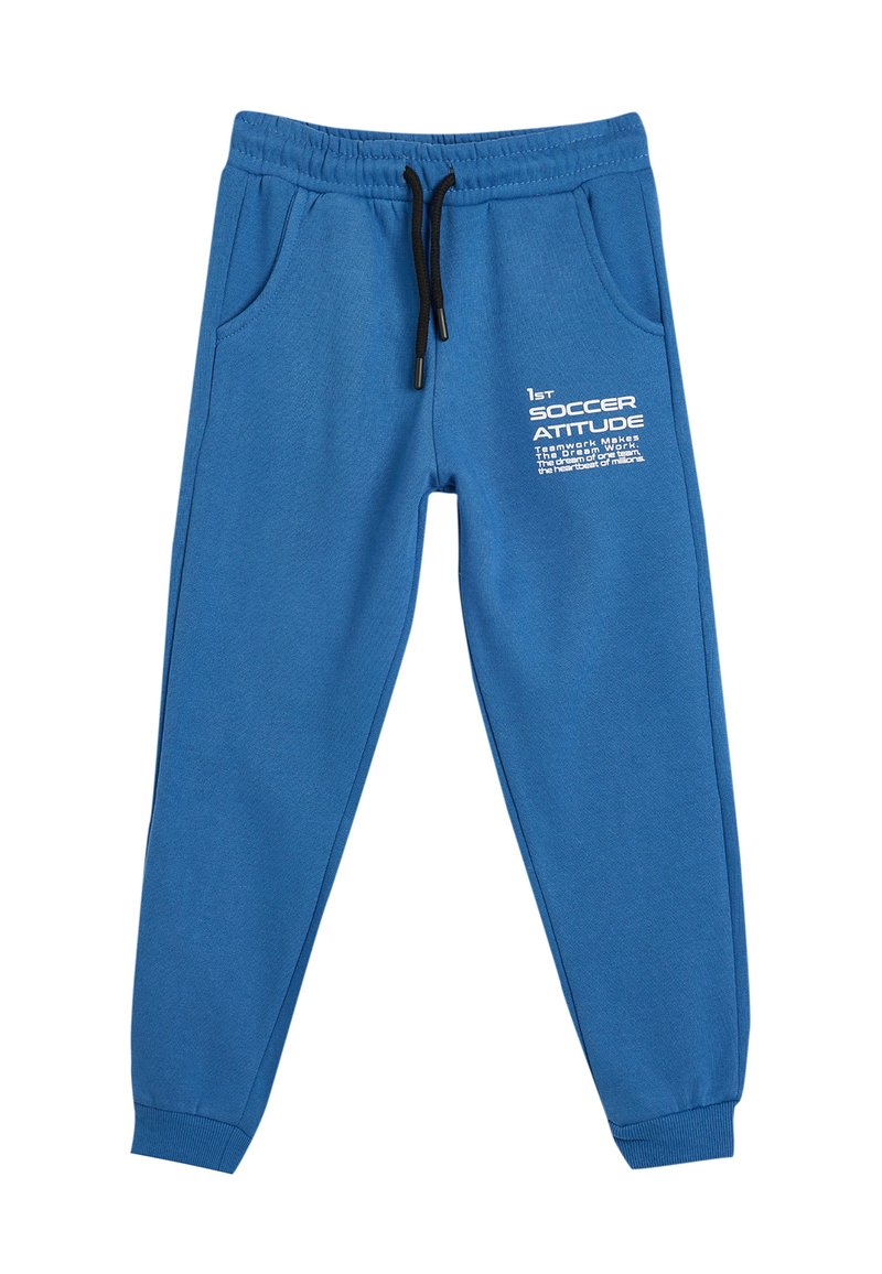 Blaue Sweatpants aus weichem Material, mit einem elastischen Bund und Kordelzug, seitlichen Taschen und weißem Druck auf der Vorderseite.