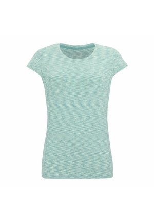 Camiseta ajustada de manga corta en verde claro jaspeado, con cuello redondo y textura sutil.