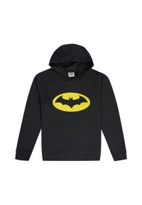 Sudadera negra con una prominente insignia amarilla de Batman en el frente. Hecha de una tela suave con un corte estándar y un bolsillo tipo canguro.