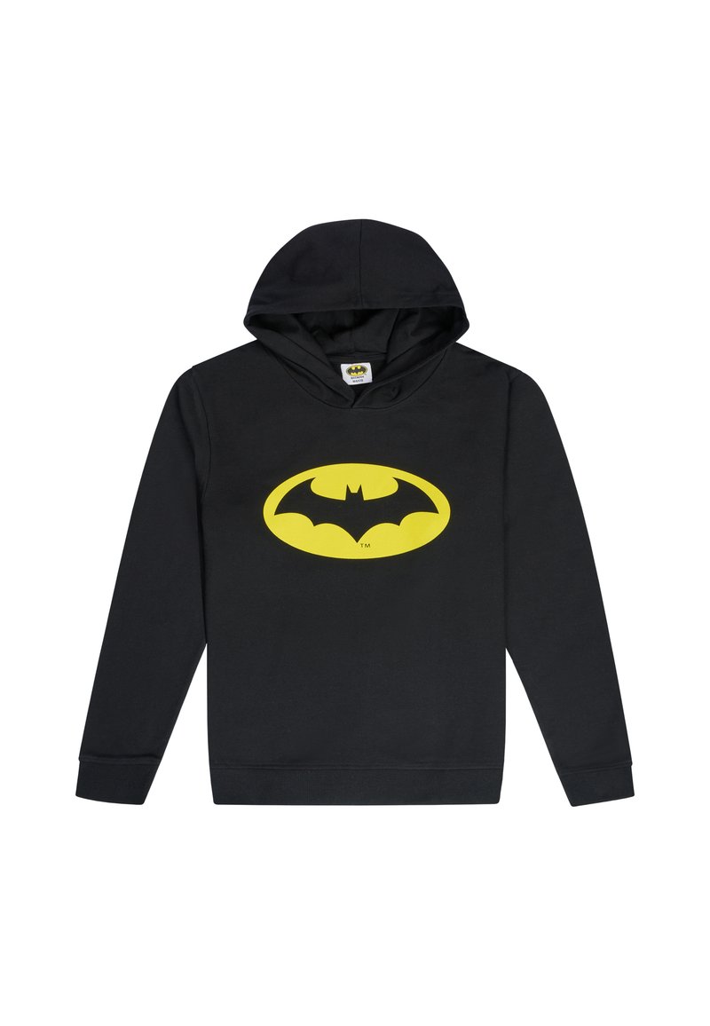 Sudadera negra con una prominente insignia amarilla de Batman en el frente. Hecha de una tela suave con un corte estándar y un bolsillo tipo canguro.
