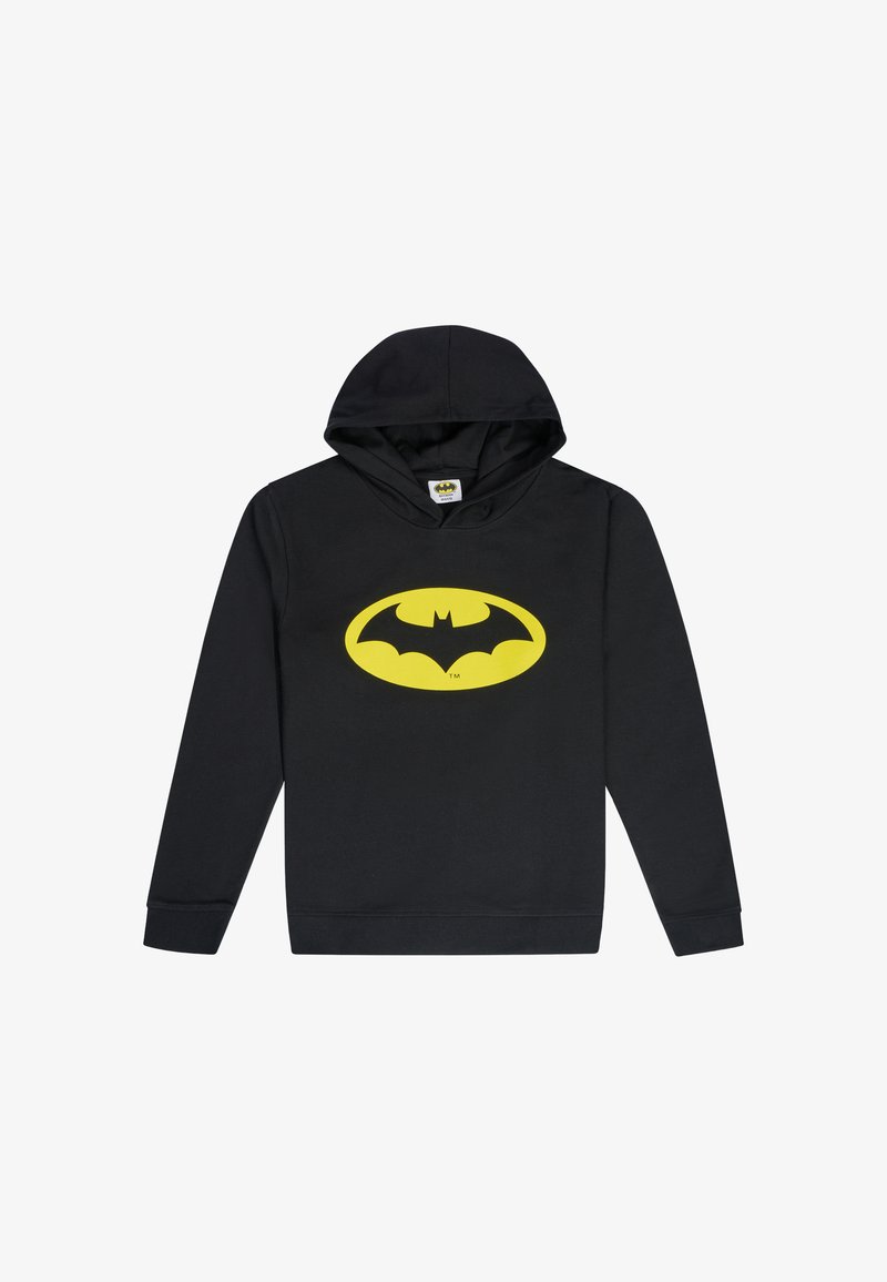Felpa nera con cappuccio caratterizzata da un grande logo giallo di Batman sulla parte frontale. Realizzata in tessuto morbido con una vestibilità standard e una tasca a marsupio.