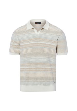 Polo a maniche corte con colletto crema e righe orizzontali in tonalità beige, bianco e grigio chiaro, tessuto lavorato a maglia.