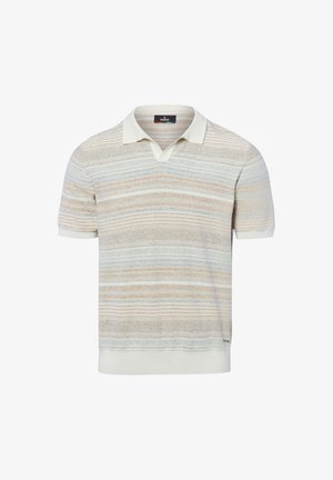 Kurzärmeliges Poloshirt mit cremefarbenem Kragen und horizontalen Streifen in Beige-, Weiß- und Hellgrautönen, Strickstoff.