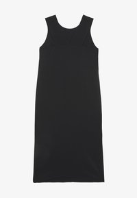 Černé bezramínkové šaty s kulatým výstřihem, přiléhavým korzetem a rovnou siluetou, s hladkou texturou a minimalistickým designem.