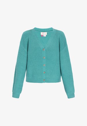 Tyrkysový pletený sveter s výstrihom do V, dlhými rukávmi a piatimi kovovými gombíkmi na prednej strane. Má textúrované rebrovanie a skrátený dizajn.
