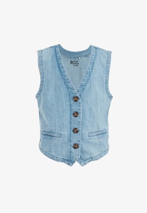 Lys blå denimvest med V-hals og fem brune knapper, som har to forlommer og en syet kant. Egnet til lag-på-lag look.