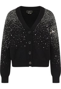 Cardigan nero con scollo a V e sette bottoni. Presenta decorazioni con paillettes che creano un effetto sfumato dall'alto verso il basso.