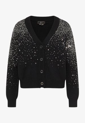 Cardigan nero con scollo a V e sette bottoni. Presenta decorazioni con paillettes che creano un effetto sfumato dall'alto verso il basso.