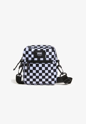 Bolsa de mensajero a cuadros en blanco y negro, fabricada con un tejido duradero, cuenta con un compartimento con cremallera y una correa ajustable.