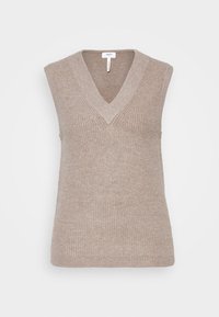 Pull sans manches beige en maille avec un col en V profond. Texture côtelée sur toute la surface, avec des bords nets et aucun élément métallique visible.