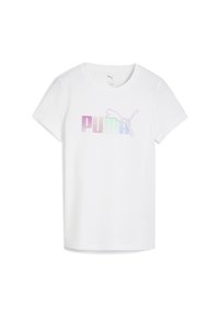 Hvid T-shirt med en gradient "PUMA" logo i pastelfarver, med en springende katte-silhuet over teksten. Rund halsudskæring, korte ærmer.