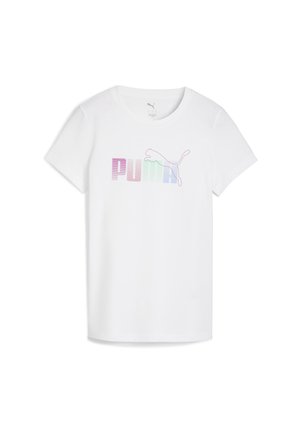 T-shirt blanc avec un logo "PUMA" dégradé en couleurs pastel, surmonté d'une silhouette de chat sautant au-dessus du texte. Col rond, manches courtes.