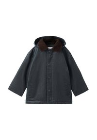 Veste à capuche gris foncé avec un col en velours côtelé marron, boutons-pression à l'avant et deux poches latérales, présentée sur un fond blanc.