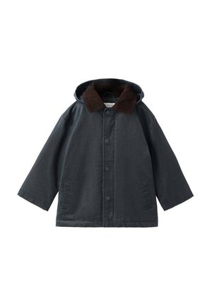 Veste à capuche gris foncé avec un col en velours côtelé marron, boutons-pression à l'avant et deux poches latérales, présentée sur un fond blanc.
