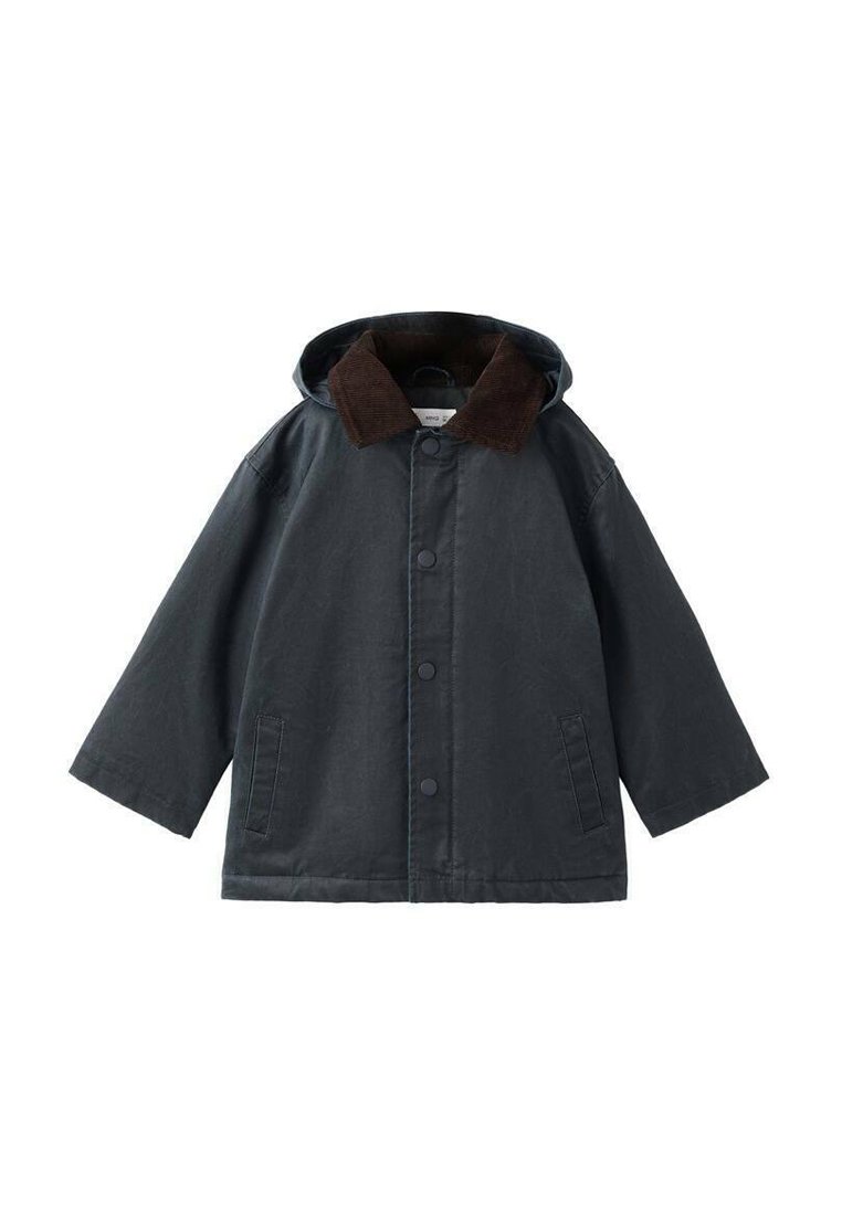 Veste à capuche gris foncé avec un col en velours côtelé marron, boutons-pression à l'avant et deux poches latérales, présentée sur un fond blanc.