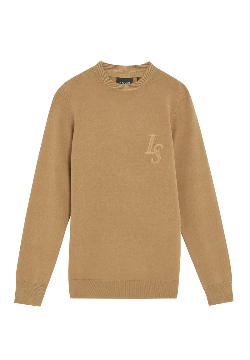 Maglione khaki a girocollo realizzato in materiale a maglia liscia. Presenta un ricamo sottile "IS" sul lato sinistro del petto, con maniche e orlo a costine.