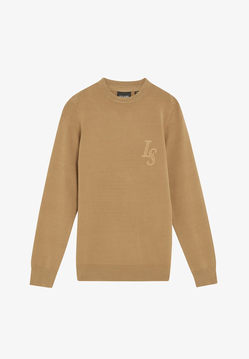 Maglione khaki a girocollo realizzato in materiale a maglia liscia. Presenta un ricamo sottile "IS" sul lato sinistro del petto, con maniche e orlo a costine.