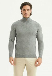 Pull en maille gris avec un col zippé haut, des manches longues et des poignets côtelés. Présente une texture douce avec une coupe ajustée.
