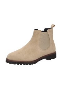 Beige Wildleder Chelsea-Boot mit elastischen Seitenteilen, runder Spitze und strukturiertem Gummisohle. Mit einer Zuglasche hinten für einfaches Anziehen.
