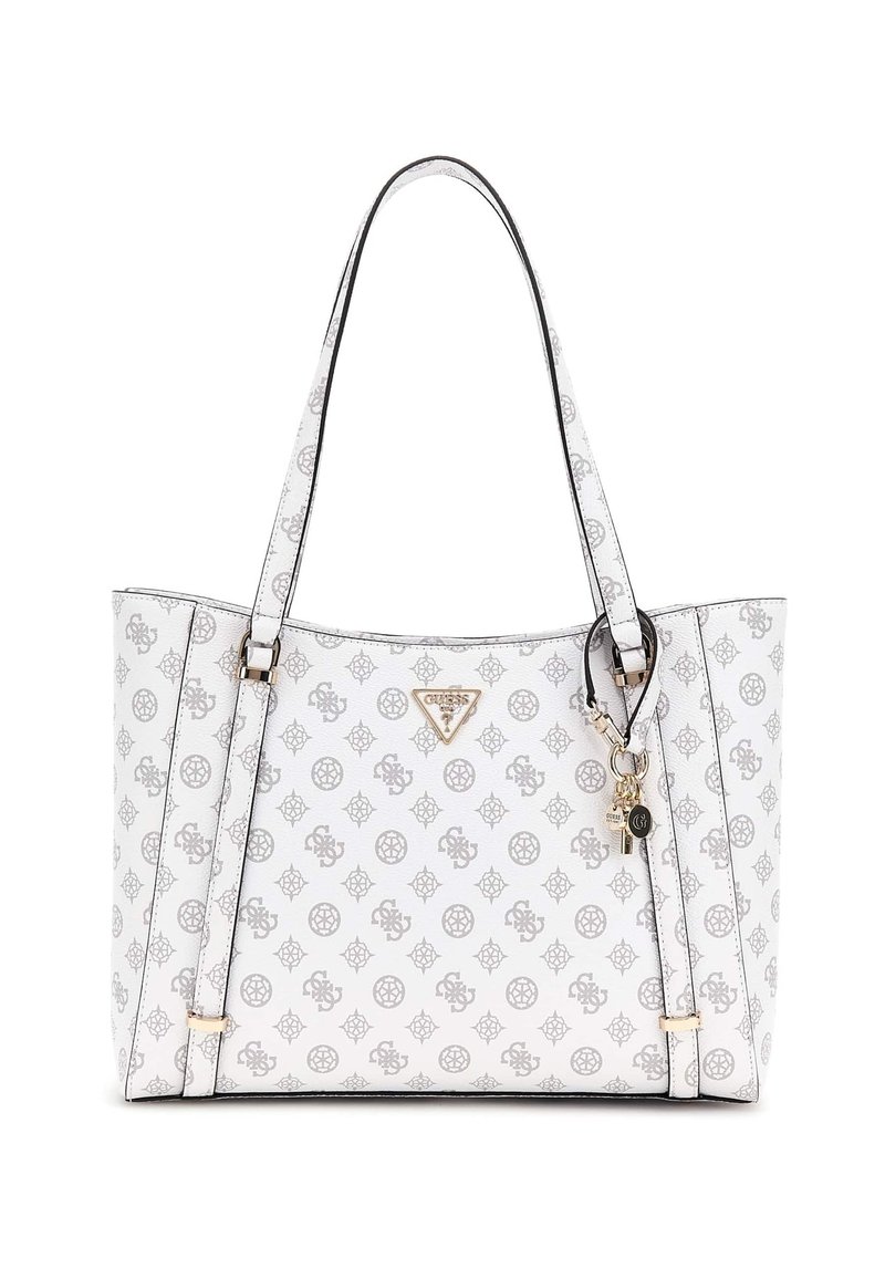 Borsa tote bianca con un sottile motivo a logo grigio, forma strutturata, rifiniture nere, manici doppi e dettagli in metallo dorato con un portachiavi.