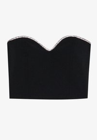 Fekete pánt nélküli crop top, szív formájú dekoltázzsal és ezüst díszítéssel az éleken. Sima anyagtextúra, testhez simuló kialakítás.