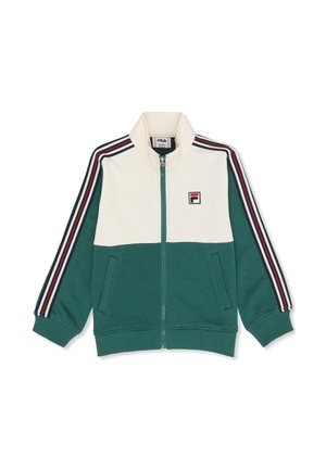 Kinderjack met ritssluiting, wit bovenstuk, groen onderstuk, groene manchetten en gestreepte mouwen met het FILA-logo op de borst.