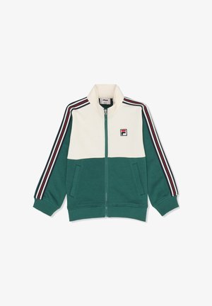 Giacca con zip per bambini con parte superiore bianca, parte inferiore verde, polsini verdi e maniche a righe con il logo FILA sul petto.