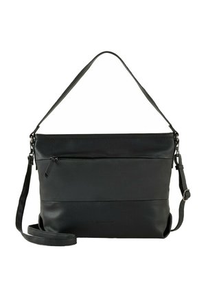 Schwarze Ledertasche mit abnehmbarem Schultergurt, ausgestattet mit einer Reißverschlusstasche vorne und einer strukturierten unteren Fläche. Glatte Oberflächenbeschaffenheit.