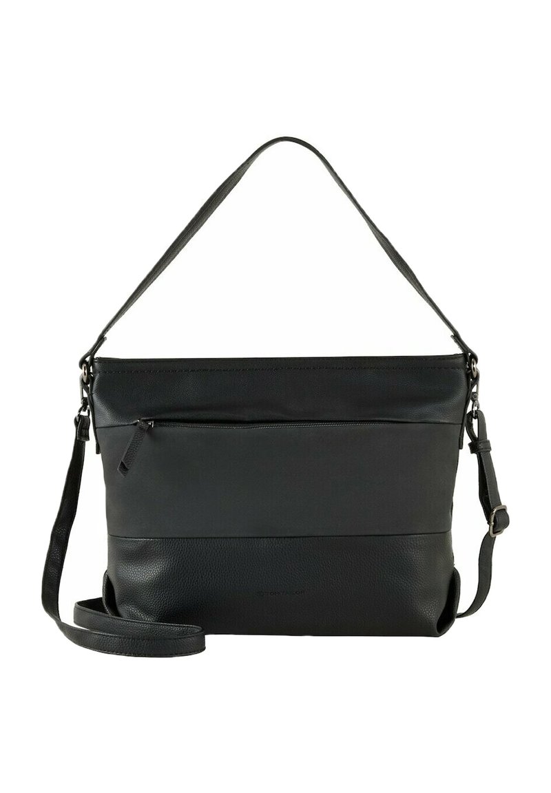 Borsa in pelle nera con tracolla rimovibile, dotata di tasca frontale con zip e pannello inferiore testurizzato. Finitura superiore liscia.