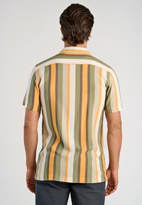 Camisa de manga corta con rayas verticales en verde, amarillo y beige, con un cuello relajado y un dobladillo curvado. Confeccionada en una tela ligera.
