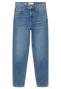 Jean bleu taille haute à jambes droites avec poches avant, passants pour ceinture, fermeture par bouton et fermeture éclair, et détails délavés subtils.