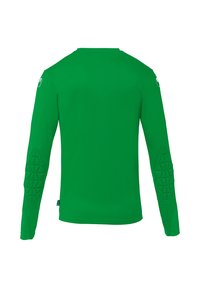 Chemise à manches longues en tissu vert vif. Présente des accents texturés aux épaules et un col arrondi. Texture lisse avec un design ajusté.
