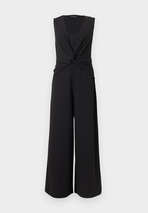 Αμάνικο μαύρο ολόσωμο παντελόνι με φαρδιές παντελόνες και λεπτομέρεια κόμπου μπροστά στη μέση, με βαθύ V ντεκολτέ.