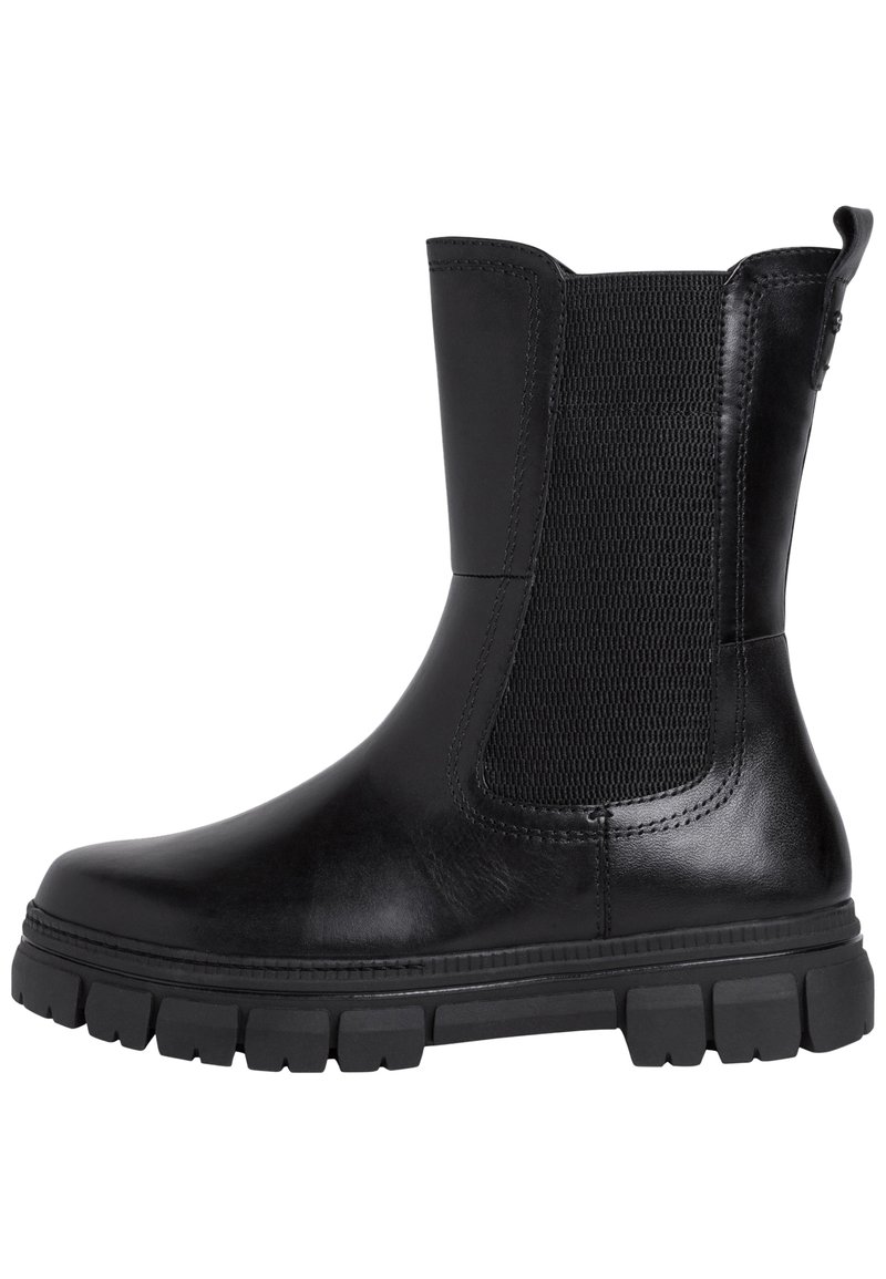 Black leather ankle boot with elastic side panels, textured surface, and a rugged rubber sole. Features a pull tab at the back for easy wear.