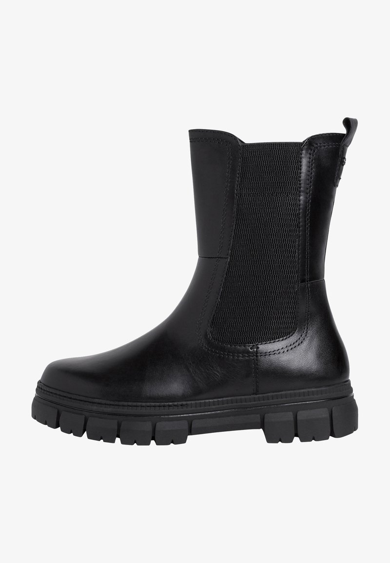 Black leather ankle boot with elastic side panels, textured surface, and a rugged rubber sole. Features a pull tab at the back for easy wear.