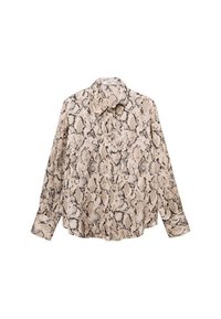 Lange mouwen shirt in beige met een zwart slangprintpatroon. Kenmerken zijn een kraag en knopen. Zachte stof met een relaxte pasvorm.