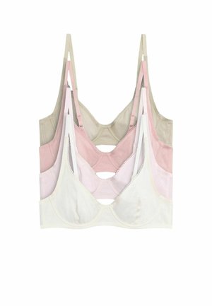 Drei Soft-Cup-BHs in Beige, Staubrosa und Weiß mit dünnen verstellbaren Trägern, vertikal auf weißem Hintergrund gestapelt.