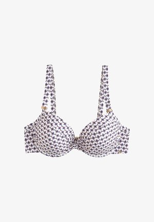 Sutien alb cu cupă căptușită și bretele reglabile, având un model geometric cu diamante negre și bej.