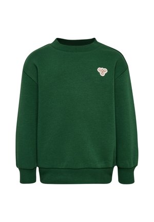 Grön sweatshirt med rund halsringning, ribbade muddar och nederkant. Har en liten broderad beige logotyp på bröstet. Mjuk textur. Enkel design.