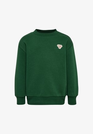 Grüne Sweatshirt mit Rundhalsausschnitt, gerippten Bündchen und Saum. Mit kleinem, beigem, gesticktem Logo auf der Brust. Weiche Textur. Schlichtes Design.