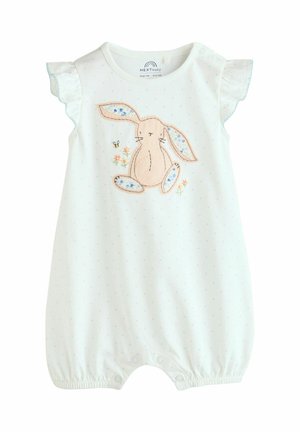 White baby romper with light blue polka dots, ruffled shoulders, and an embroidered bunny design featuring floral accents. Snap closures at bottom.